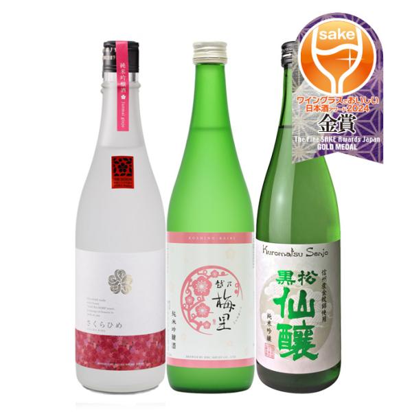 日本酒WGO2024プレミアム純米部門金賞3本飲み比べセット720ml仁喜多津越乃梅里黒松仙醸ワイングラスでおいしい日本酒アワード既発売