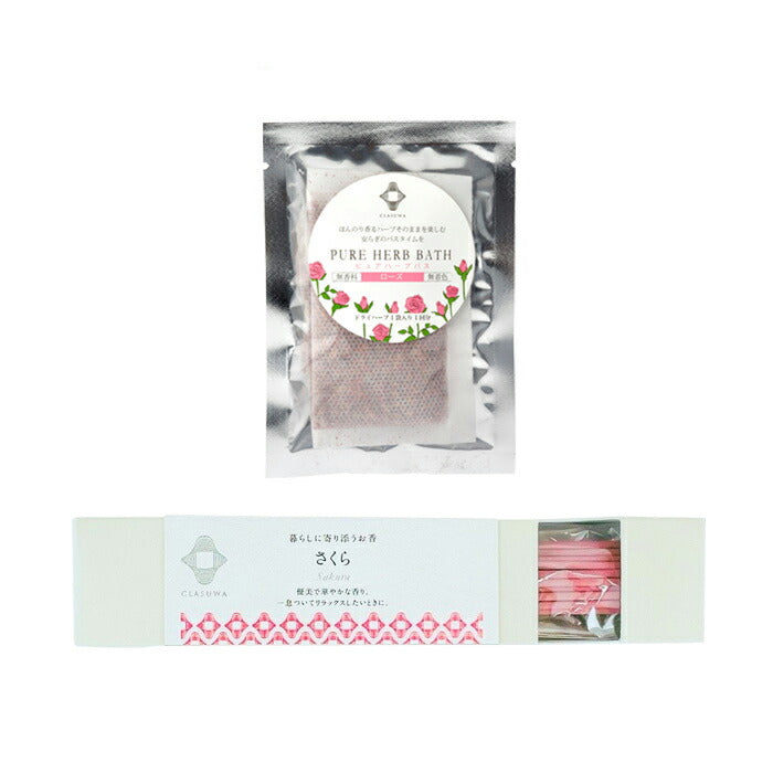 Clasuwa. Pure Herb Bath & Incense Sticks [Rose Bath Soak & Sakura Incense]