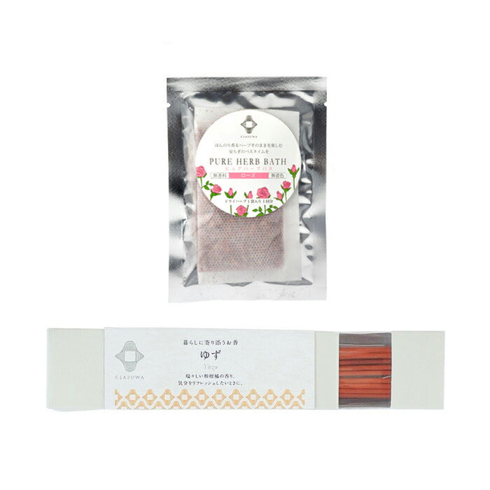 Clasuwa. Pure Herb Bath & Incense Sticks [Rose Bath Soak & Yuzu Incense]